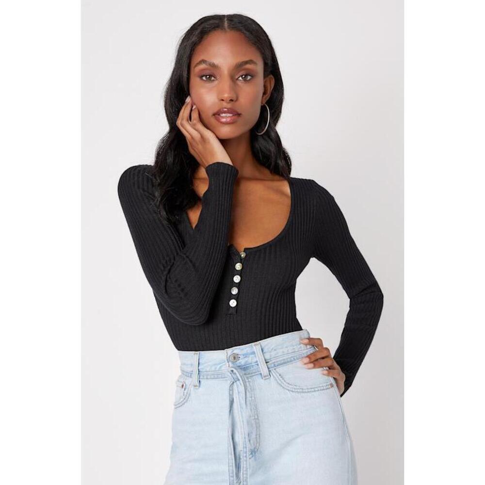 Lulus Everyday Perfection Black Ribbed Scoop Neck Henley Bodysuit - Size L